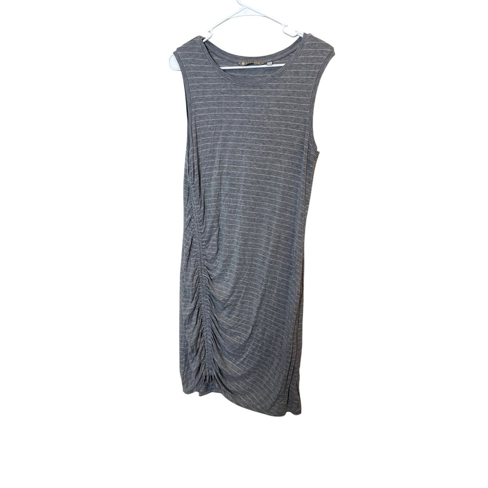 Athleta Dress Womens M Gray Stripe Ruched Tank Sleeveless Jersey Knee Length